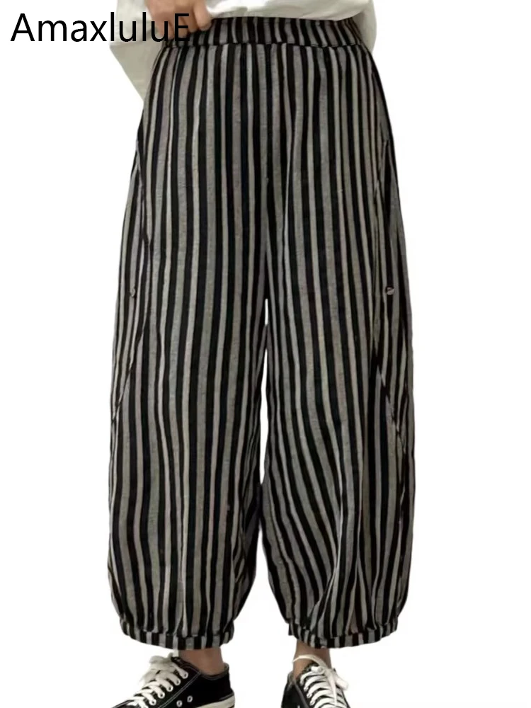 

AmaxluluE 2025 Summer Bohemia Womens Fashion Striped Design Leisure Harem Pants Ladies Loose Vintage Elastic High Waist Trousers
