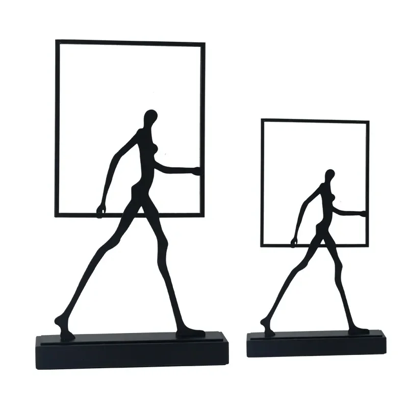 Home Decor Statues Metal Handicraft Abstract Wrought Iron Figures Square Frame Walking People Portrait Cropping Figurines Decor