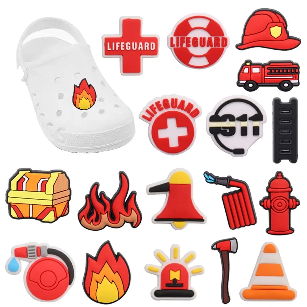 Mix 50pcs PVC Shoe Charms 911 Hotline Axe Firetruck Hose Hat Buckle Clog Fit Wristbands Decorations for Bands Bracelets Kid Gift