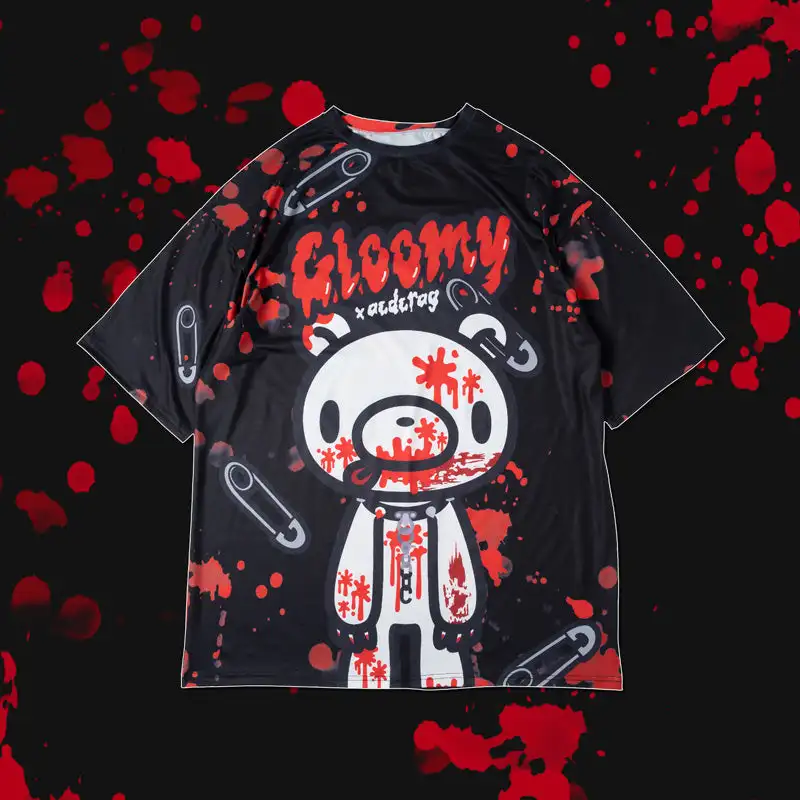 Gloomy Bear Checkerboard Graphic T‑Shirt Short Sleeve Women Y2K Oversized Loose Fit Gothic Punk Cartoon Casual Streetwear Top