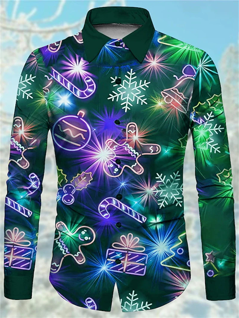 Colorful Gingerbread Man 3D Printing Men's Long-sleeved Shirt New Year's Carnival Men's Fashion Christmas Shirt Casual Men Shirt