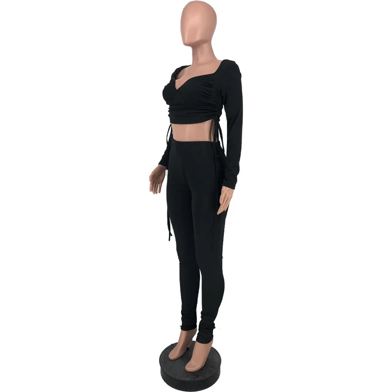 Sexy Two Piece Set Women Festival Clothing Drawstring Ruched Long Sleeve Crop Top and Pants Leggings Party Club Birthday Outfits