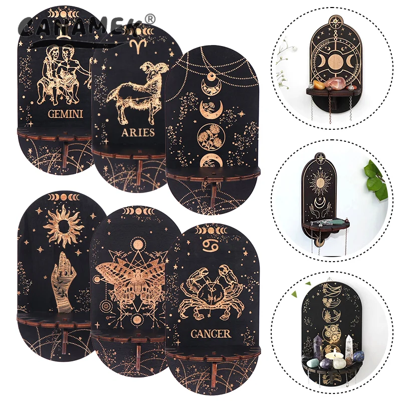 حامل كريستال مبتكر منحوت بالخشب، رف عرض حائط بوهو مع حامل شموع #1