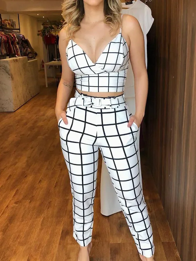 

Grid Wrapped Cami Top & High Waist Pants Set Women Casual Summer Two Piece Set