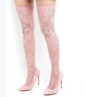 

Милые женские розовые кружевные сапоги выше колена с острым носком и цветочным принтом на тонком каблуке, женские модные сапоги до бедра с цветочным принтом, Прямая доставка