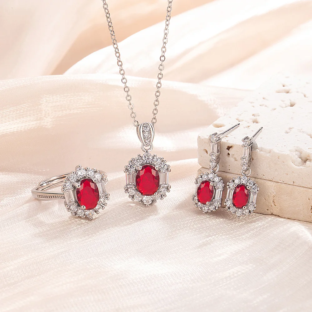 

Светлое роскошное ожерелье из стерлингового серебра 925 пробы премиум-класса с красным овальным цирконом, кольцо, серьги, комплект ювелирных изделий из трех предметов, подарок на день рождения