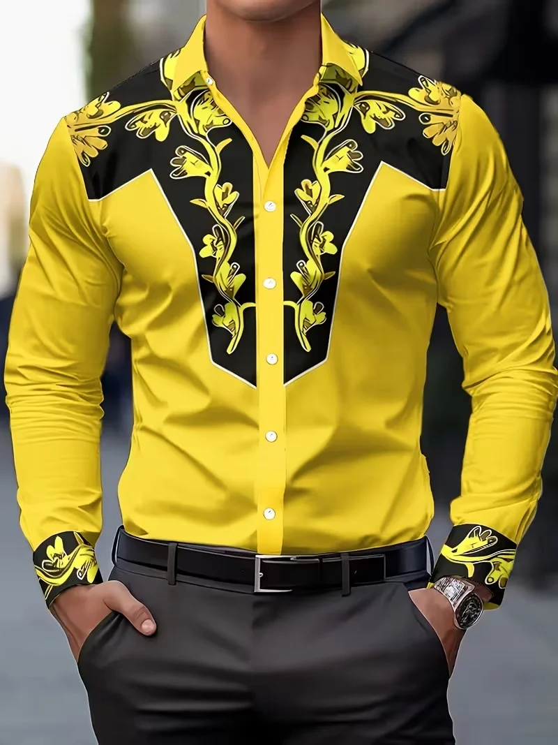 Modisches bedrucktes Herrenhemd, Denim-Stil, modischer Blumendruck, lässiges Button-Down-Langarmhemd für Herren