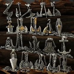 Stainless Steel Viking Axe Pendant Necklace Men's Celtic Valknut Imitation Weapon Mixed Gold Color Jewelry Gift for Boyfriend
