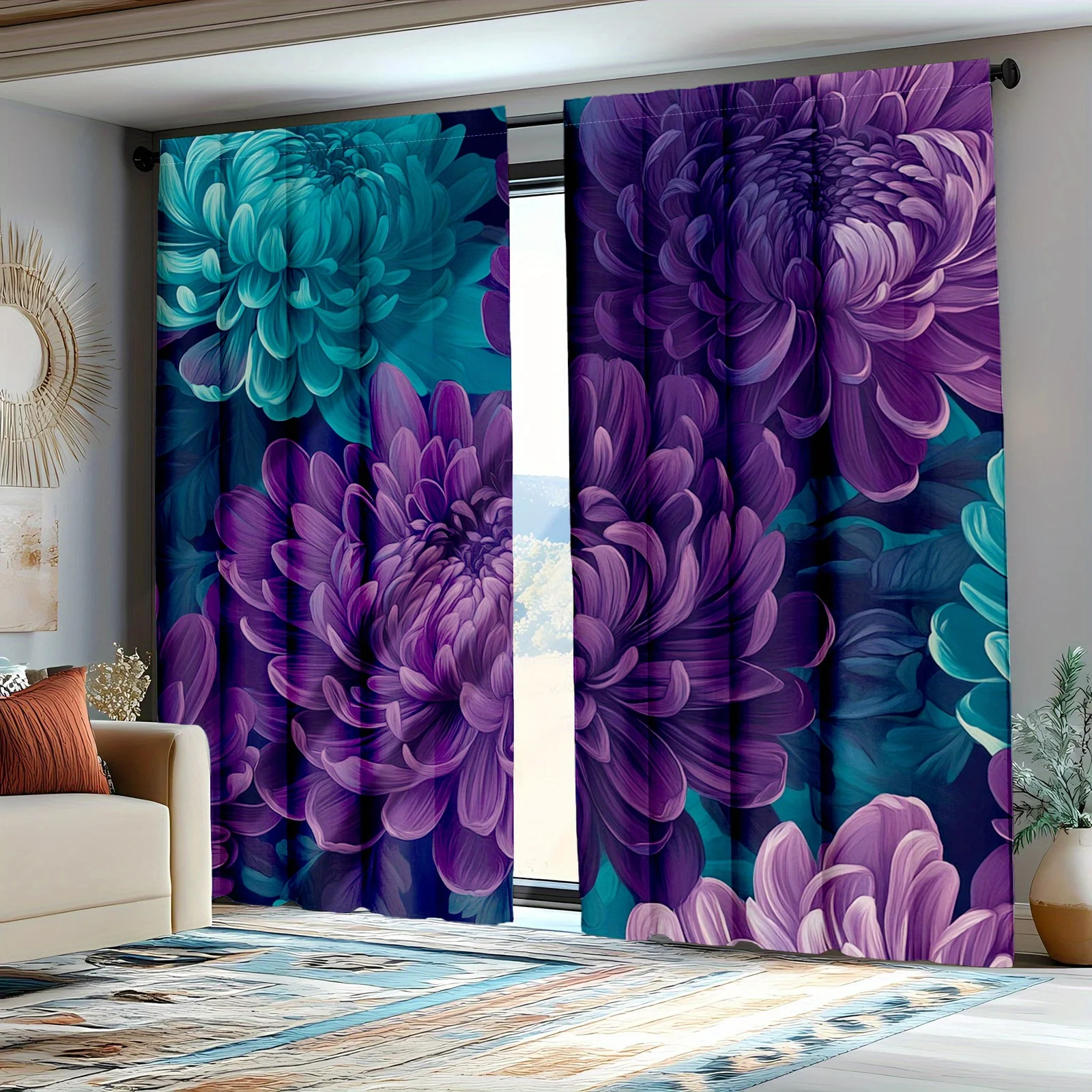 Elegant Blue Purple Floral Peony Print Curtains Polyester Drapes Window Coverings for Living Room Bedroom Home Decor Pair