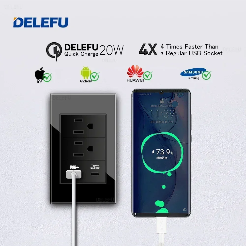 Delefu-黒の強化ガラス,アメリカ標準シリーズ,USB-C壁コンセント,衛星テレビ用スイッチ,電話,cat5,cat6,118x74mm