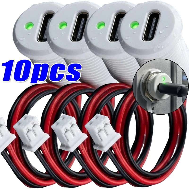 1/2/6/10pcs Waterproof Female Base Type-C Illuminated Female Sockets Snap-on Type-C Chargers Females Charg Port Extension Cables