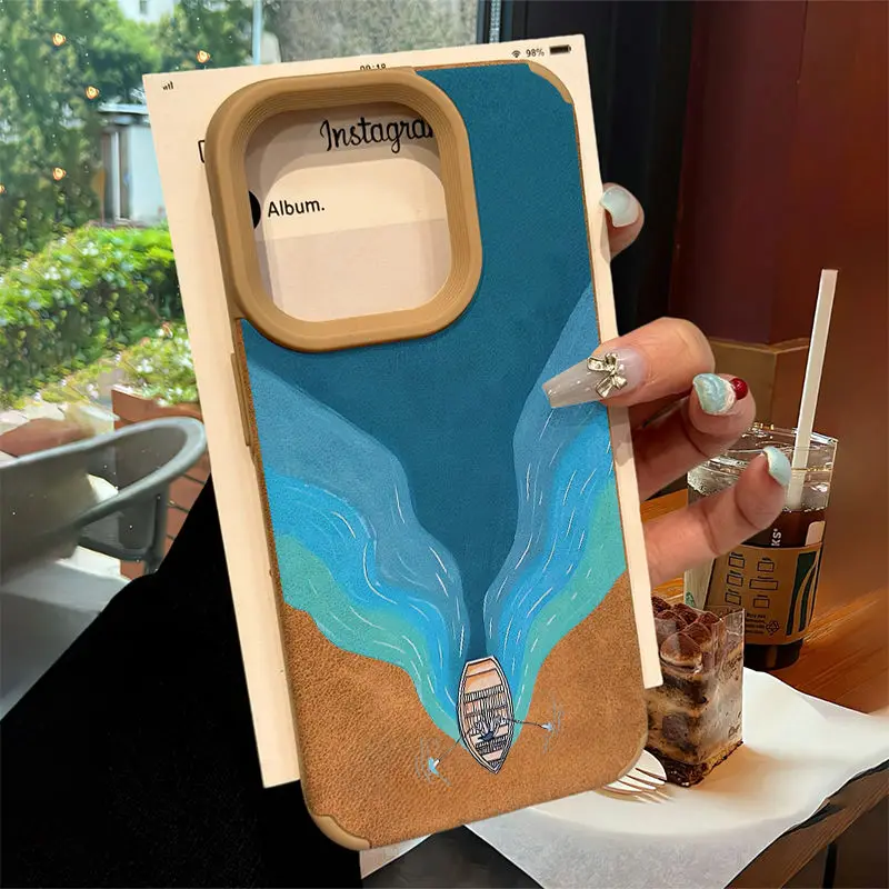 Creatieve Blauwe Oceaan Boot Geavanceerde Bruine Suede Zachte Telefoon Case Voor iPhone 11 12 13 14 15 16 Pro Max mode Cartoon Cover Y2k