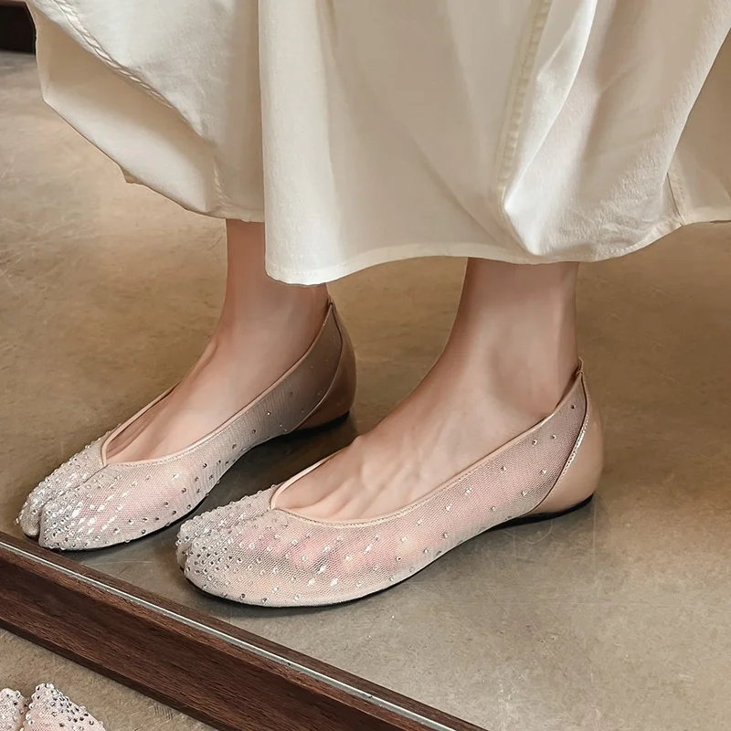 Arden Furtado Split Toe Pig Hoof Shoes Womens Mesh Hollow Shallow Crystal Ballet Flats Increased Internal Height Single Shoes