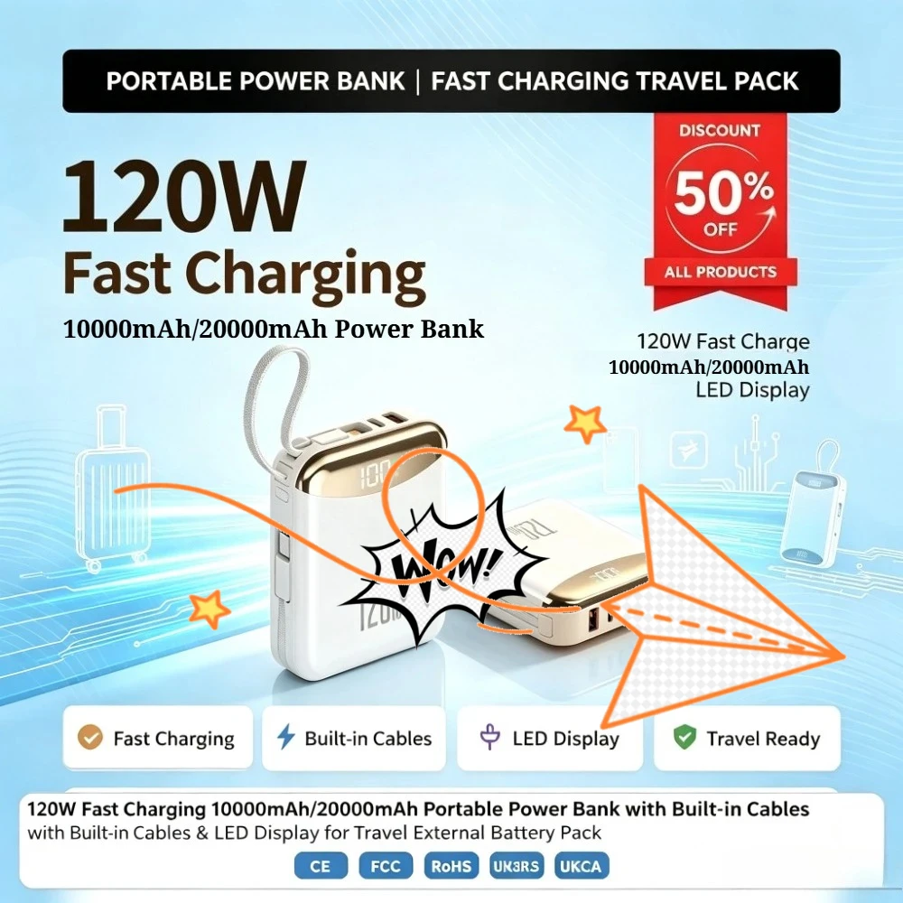120W Fast Charging 10000mAh/20000mAh Portable Power Bank with Built-in Cables & LED Display for Travel External Battery Pack