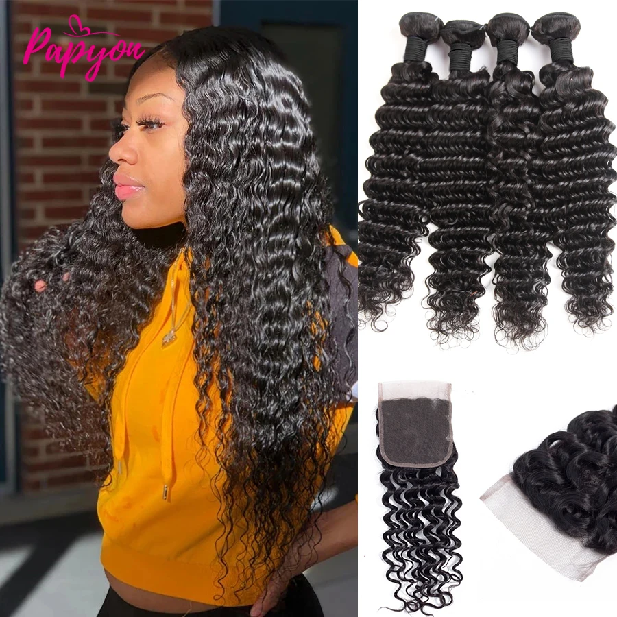 Deep Wave Echthaar-Bundles mit Verschluss 4x4 Indisches Haar Lockig 3/4 Bundles zum Weben mit Spitzenverschluss Wellige Echthaar-Extensions