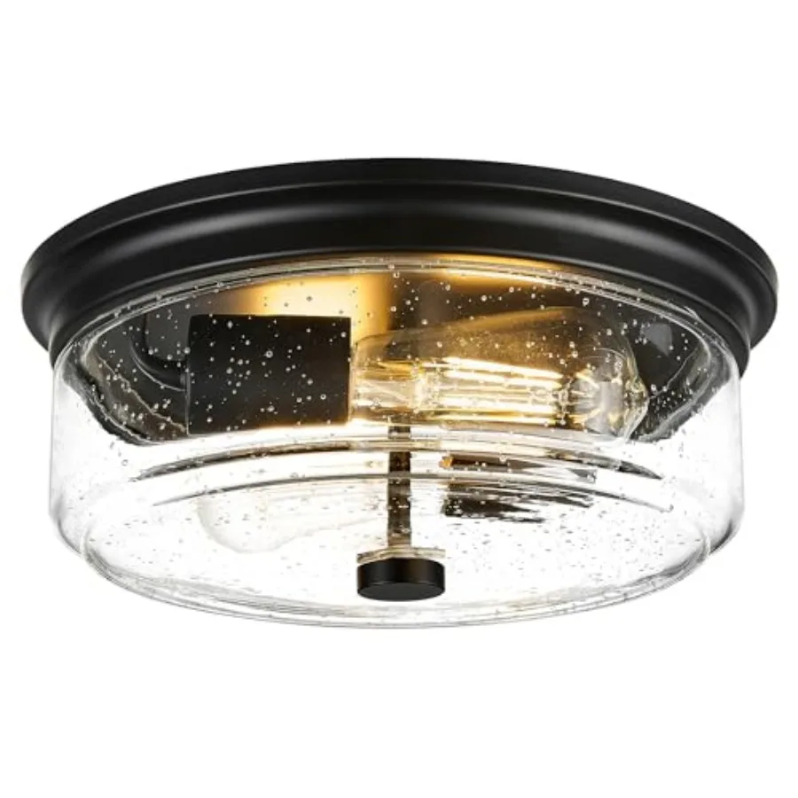

Black Flush Mount Ceiling Light, 2Light Industrial Farmhouse Light Fixture with Seeded Glass Shade for Kitchen, Hallway, Entryw