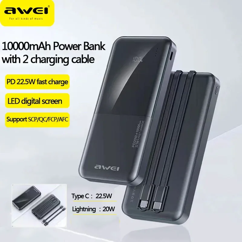 

Awei P40K Power Bank 10000mAh With 2 Charging Cable Protable Powerbank PD22.5W Power Banks Fast Charge External Spare Battery