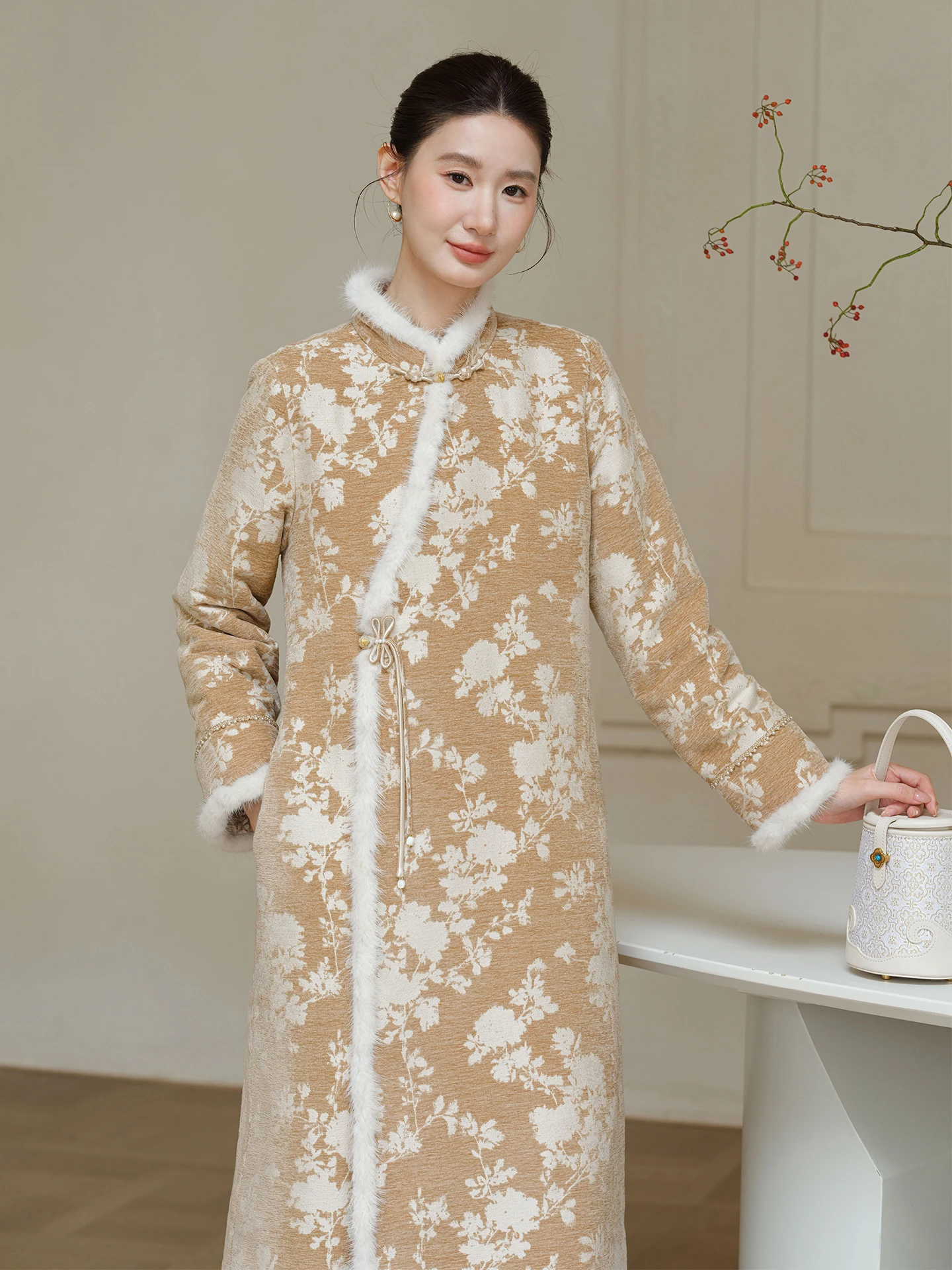 ChuCheni Abrigo Largo Chino para Mujer, de Invierno, con Ribete de Piel, Estilo Qipao, Ajuste Holgado, Manga Larga, Botón Único