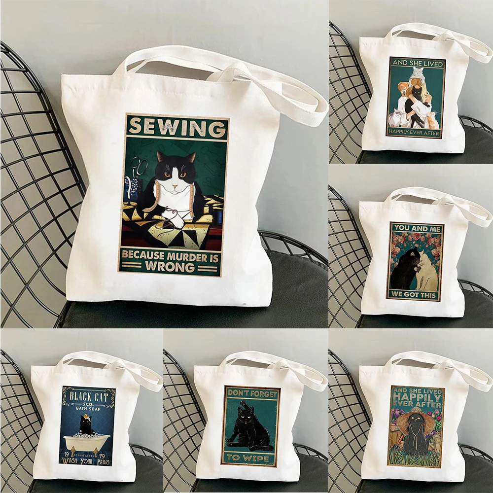 Cat Read Books Print Print Tote Bag Handbag Canvas Large Capacity Shoulder Bag Eco Capacity Travel Shopping Bag