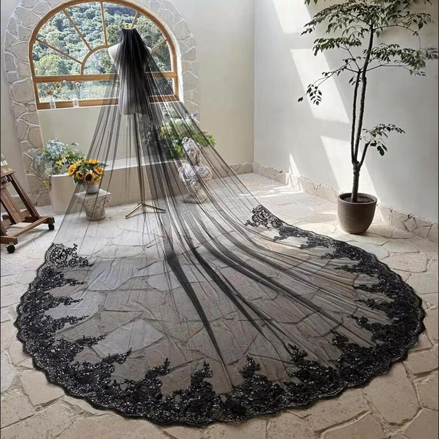جديد وصول الحجاب الزفاف الكاتدرائية السوداء الدانتيل يزين العروس اكسسوارات الزفاف Velo de novia الحجاب الزفاف #2