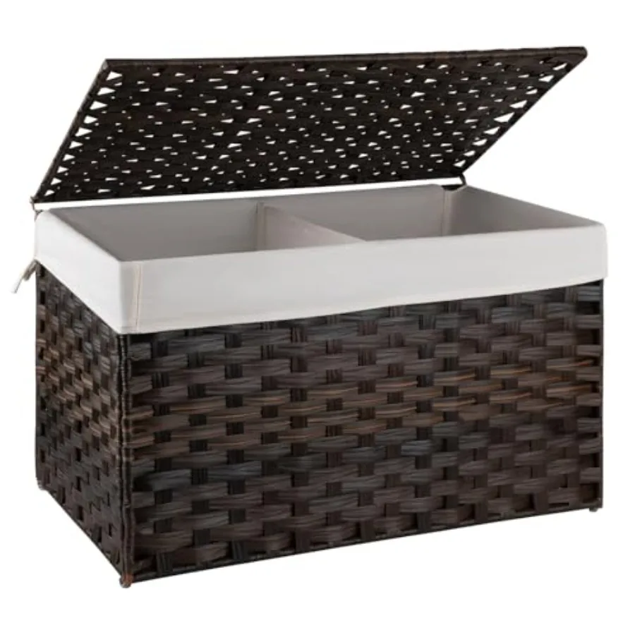 

Storage Basket with Lid, 27.7 Gallon Blanket Basket with Removable Liner Bag, Synthetic Wicker Hamper with Handle, Large Hamper