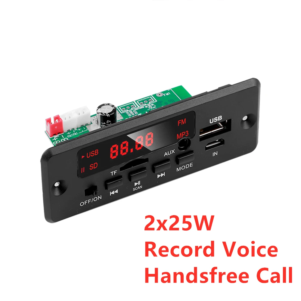 2x25W Amplifier Bluetooth 5.0 MP3 Player Decoder Board 6-12V Car FM Radio Module Support FM TF USB Recorders Handsfree Call