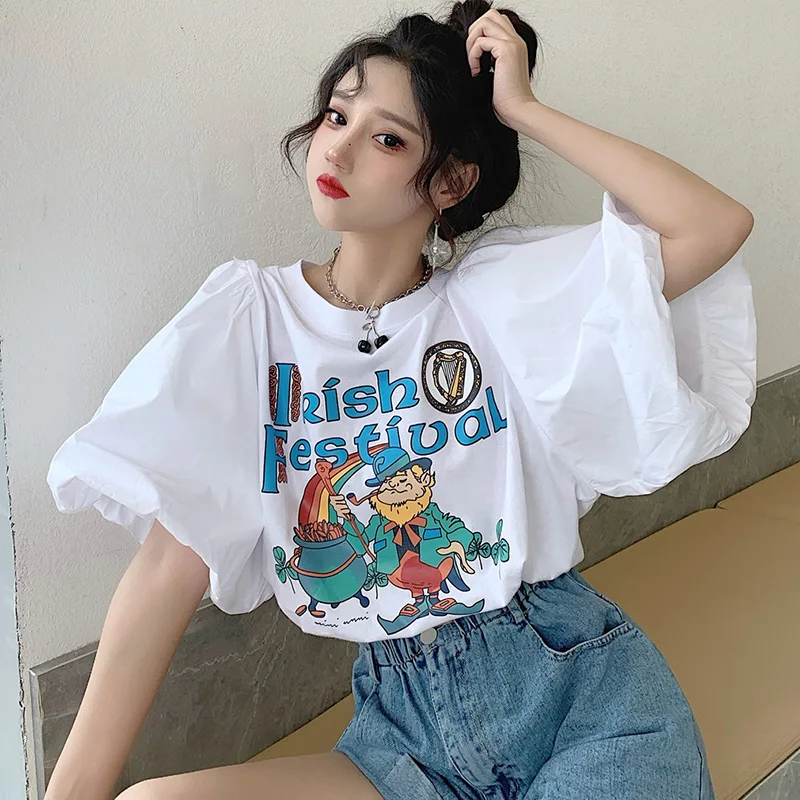 Stylish O-Neck Loose Printed Folds Puff Sleeve Blouse Female Clothing 2023 Summer New Casual Pullovers All-match Korean Shirt