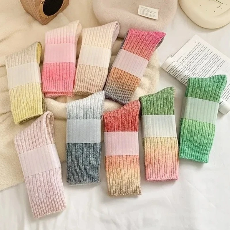 

1-10Pairs Rainbow Gradient Wool Socks Warm Mid Calf Winter Stacked Socks Fashion Colorful Cozy Socks for Women Girls