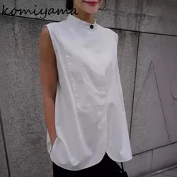 Stand Collar Sleeveless Shirts & Blouses Single Breasted Blusas Japanese Loose Camisas Minimalist Ropa Mujer Summer Tops