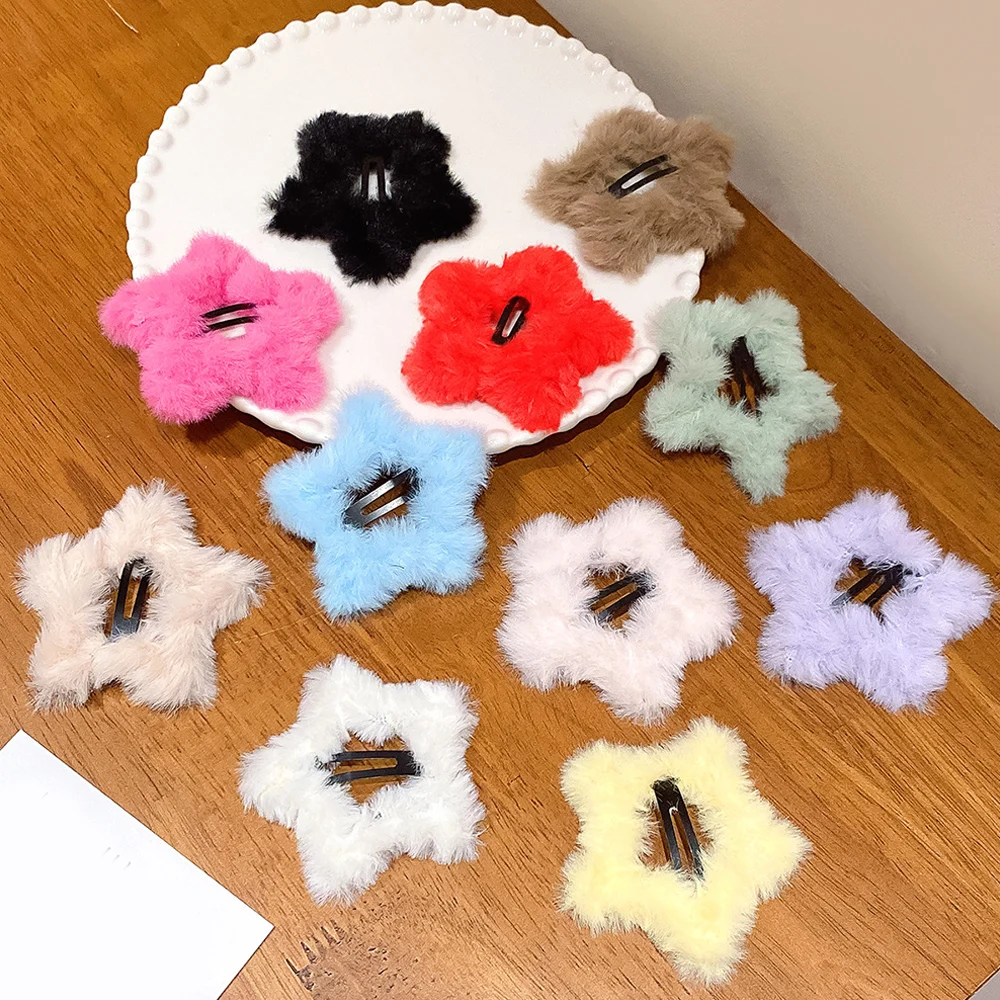 Korean Fashion Winter Plush Star Hair Clips Furry Faux Fur Barrette Hairpins BB Clip Hair Accessories Y2K Sweet Fluffy Headwear