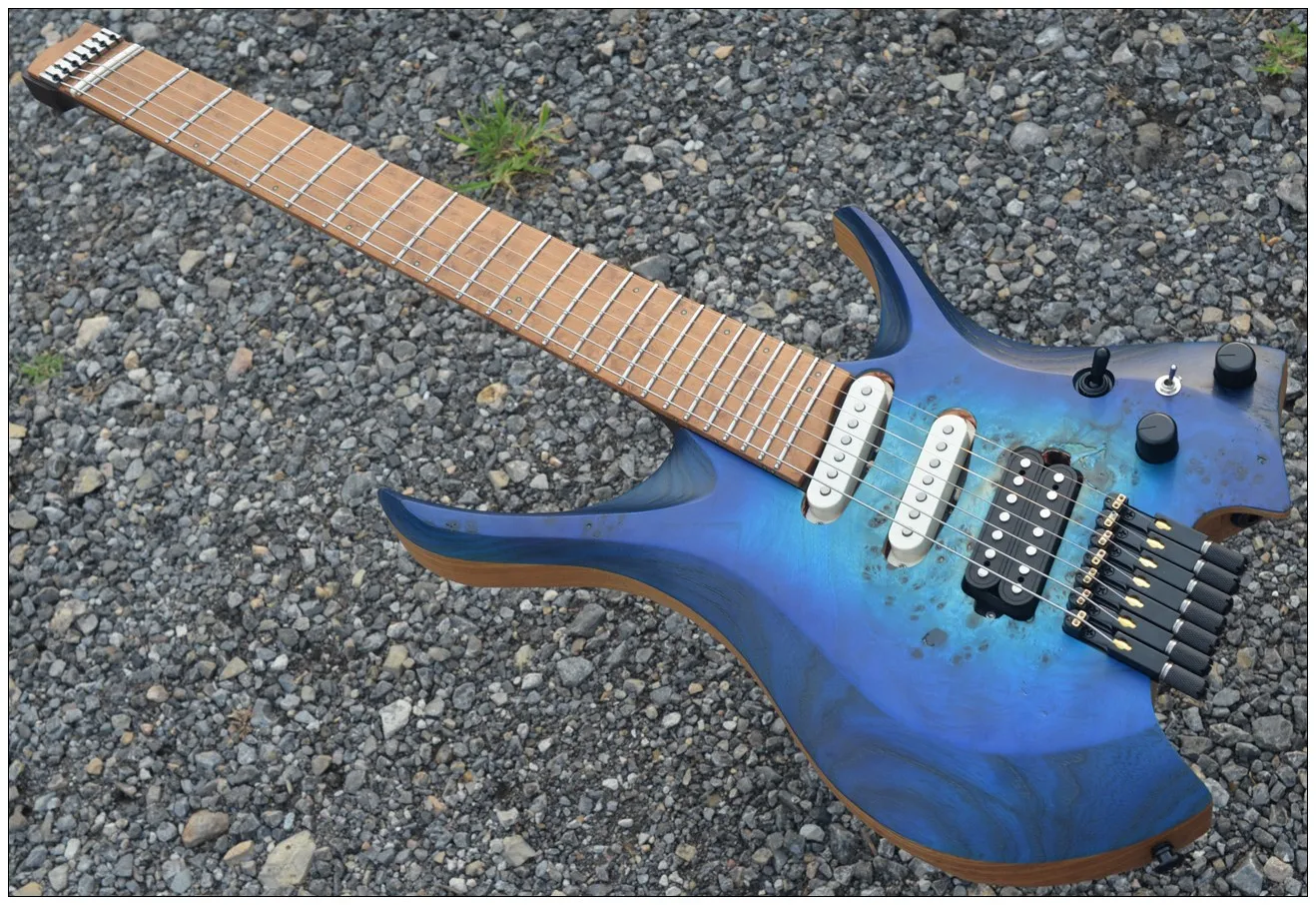 

2024 Fanned frets 7 Strings Headless Electric Guitar BLUE color Maple Neck maple fretboard ASH wood wenge neck SSH pickups