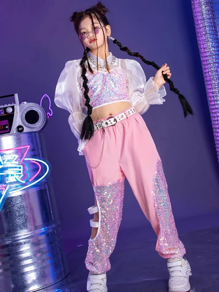 2023 New Jazz Dance Costum Sequins Puff Sleeve Tops Cargo Pants Stage Costume Hip Hop Street Outfit Festival Clothing DL11120