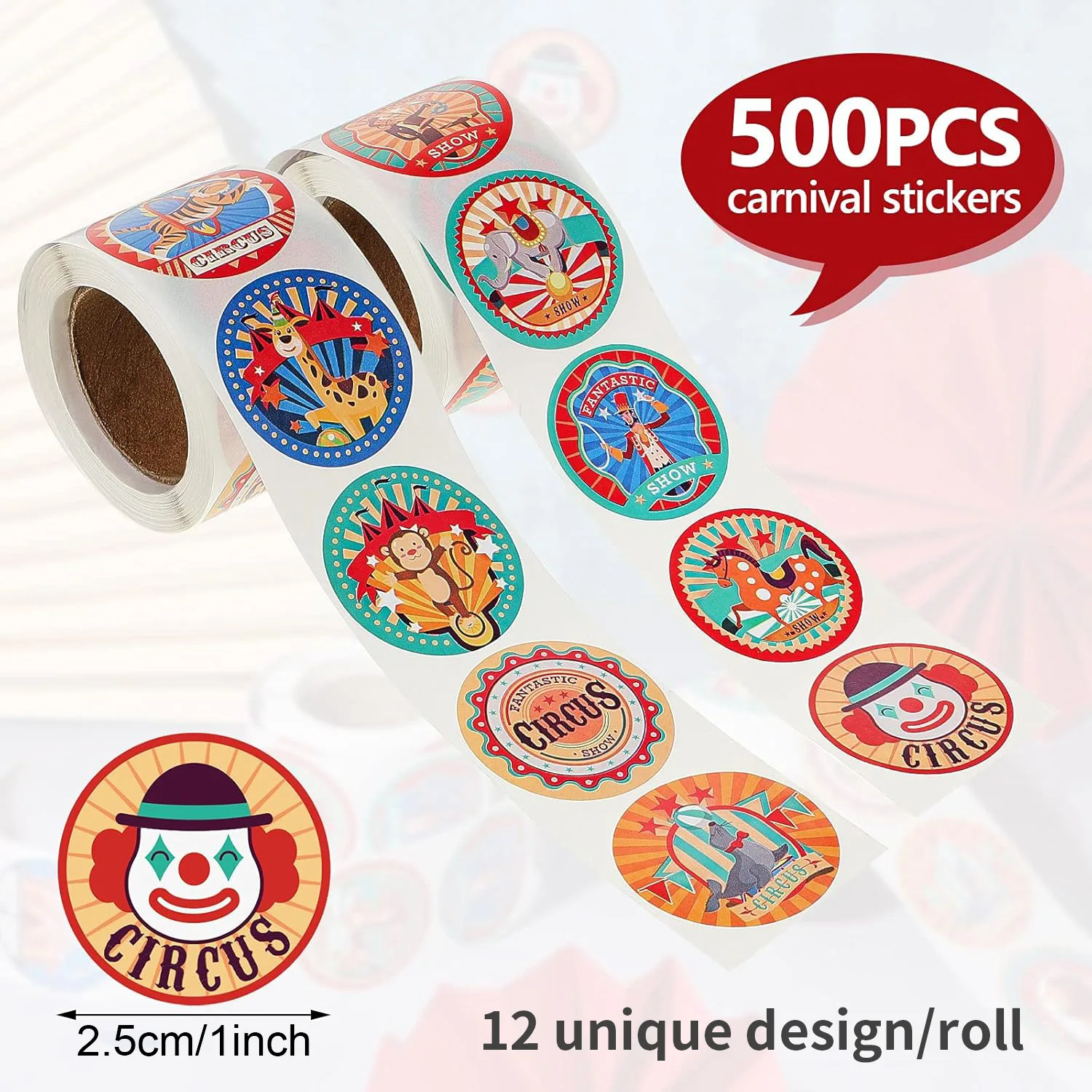 1000 قطع كرنفال السيرك ملصقات الحفلات كرنفال تحت عنوان الحيوان مهرج تسميات ملصق هدايا الحفلات لأختام مغلف عيد الميلاد