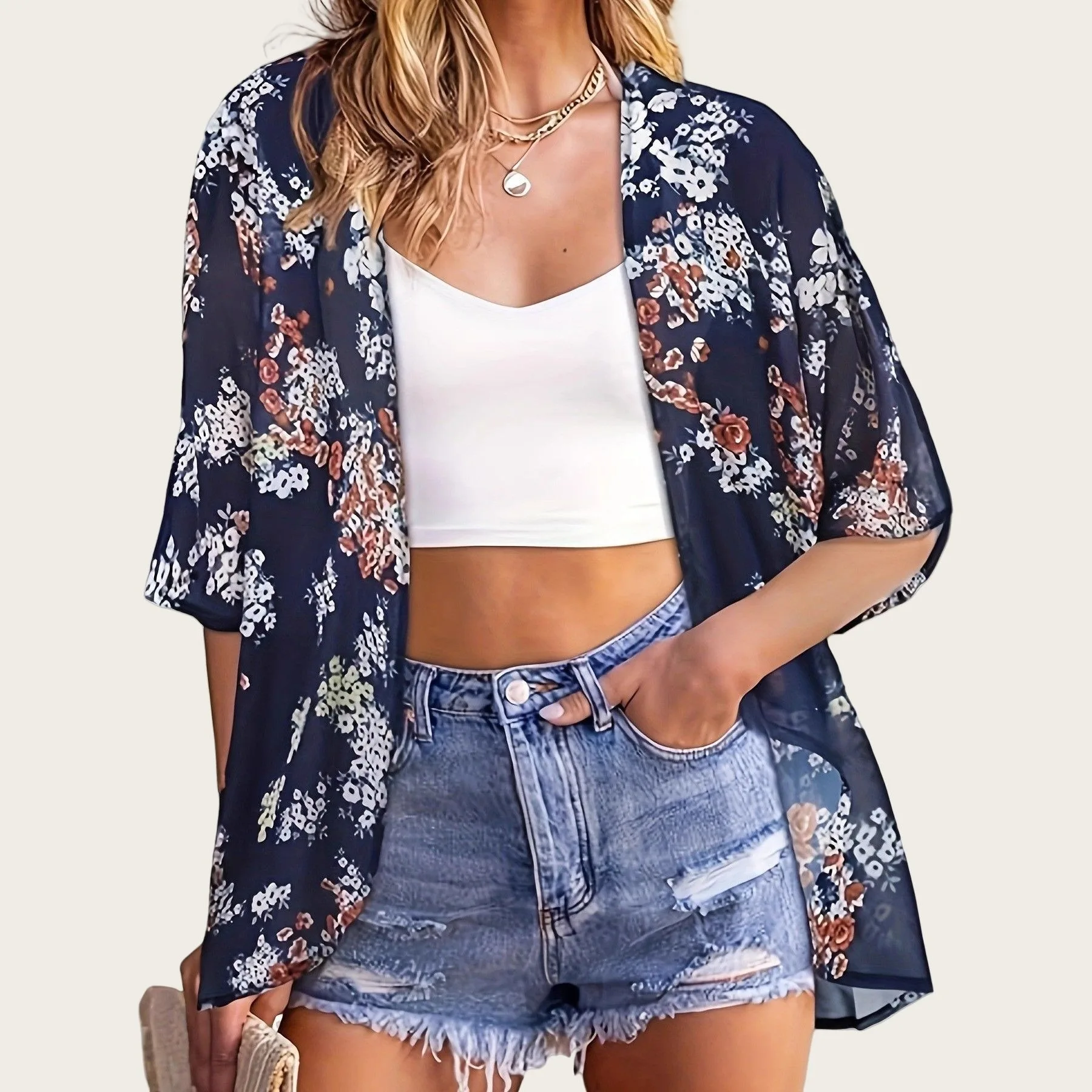 Badeanzug Frau 2025, Kimono-Strickjacke, durchsichtig, mit Blumenmuster, lockerer langer Kimono, Damen-Strand-Cover-Up-Tops, Boho, sexy Sommerblusen