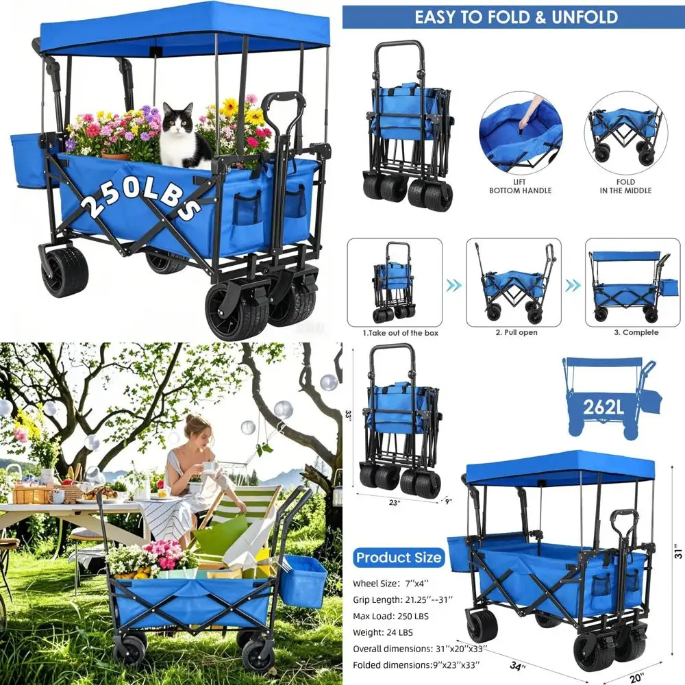 Heavy-Duty Extra Large Collapsible Wagon with Removable Canopy, 250lbs/262L Capacity, Foldable Garden Cart with Rear Storage for