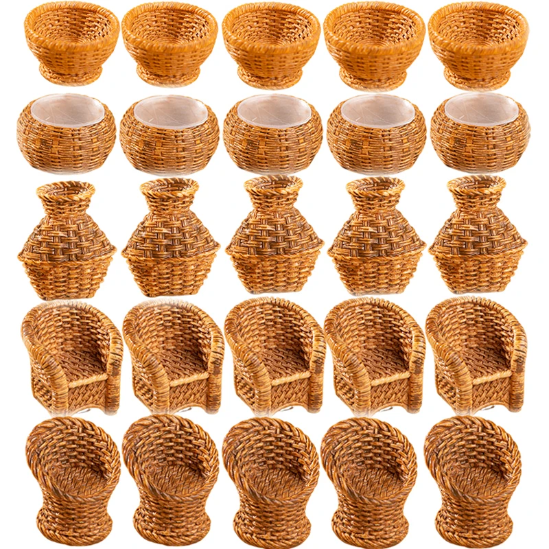 5Pcs/Set Dollhouse Miniature Simulation Fish Basket Basket Chair Table Furniture Model For Doll House Accessories Decoration Toy