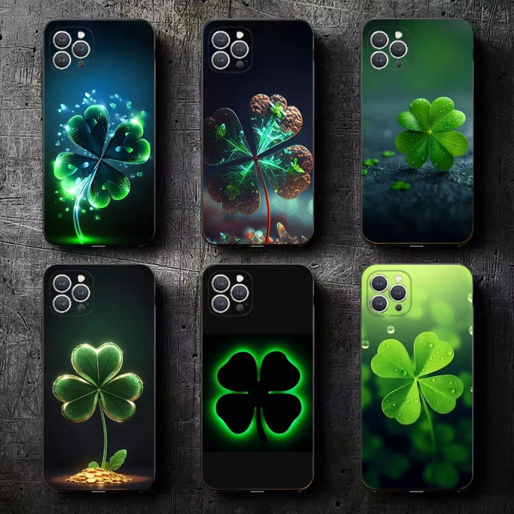 Lucky Four Leaf Clover Handyhülle für iPhone 16,15,14,13,12,11,Plus,Pro Max,XS,X,XR,SE,Mini,8,7 Weiche Silikonhülle in Schwarz