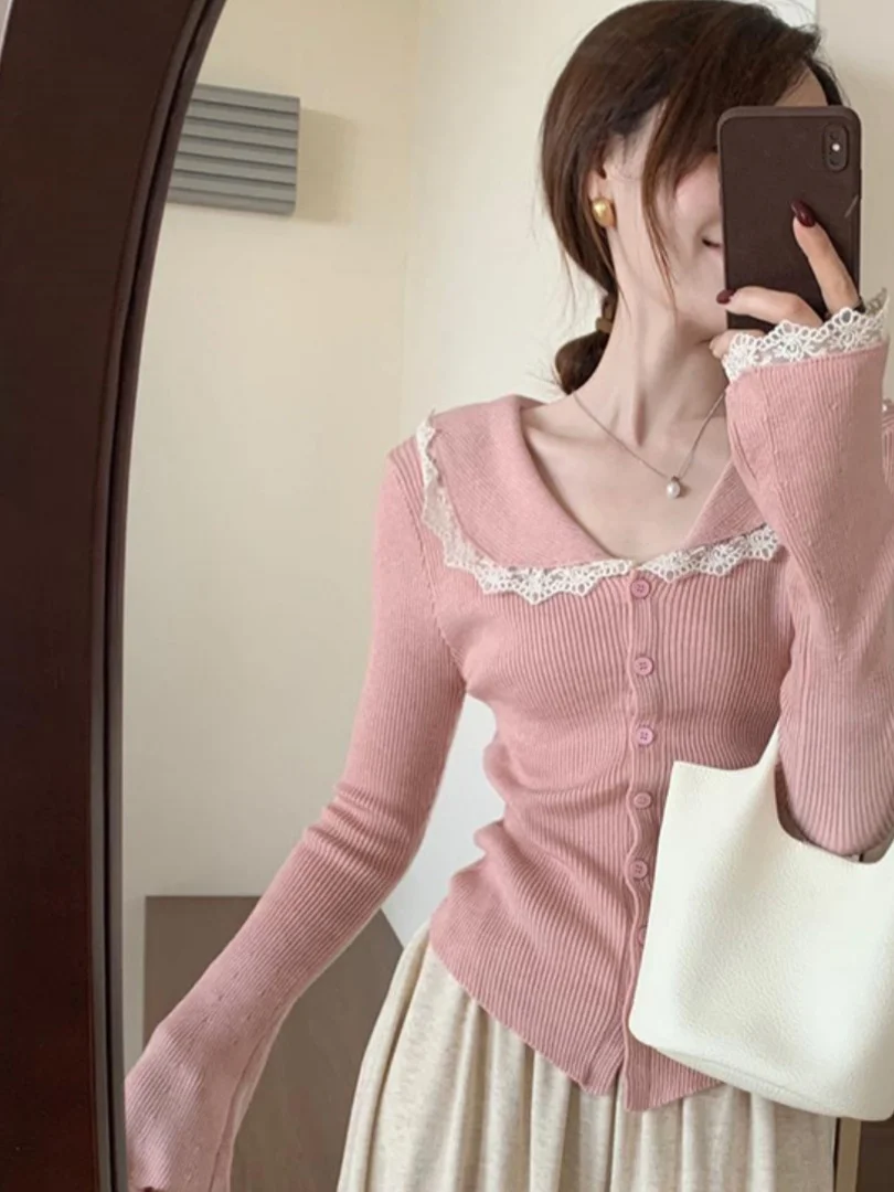 

Pink Knitted Cardigan Women's Doll Collar Spring Autumn Winter Inner Wear 2025 New Lace High-End Knitwear Base Top