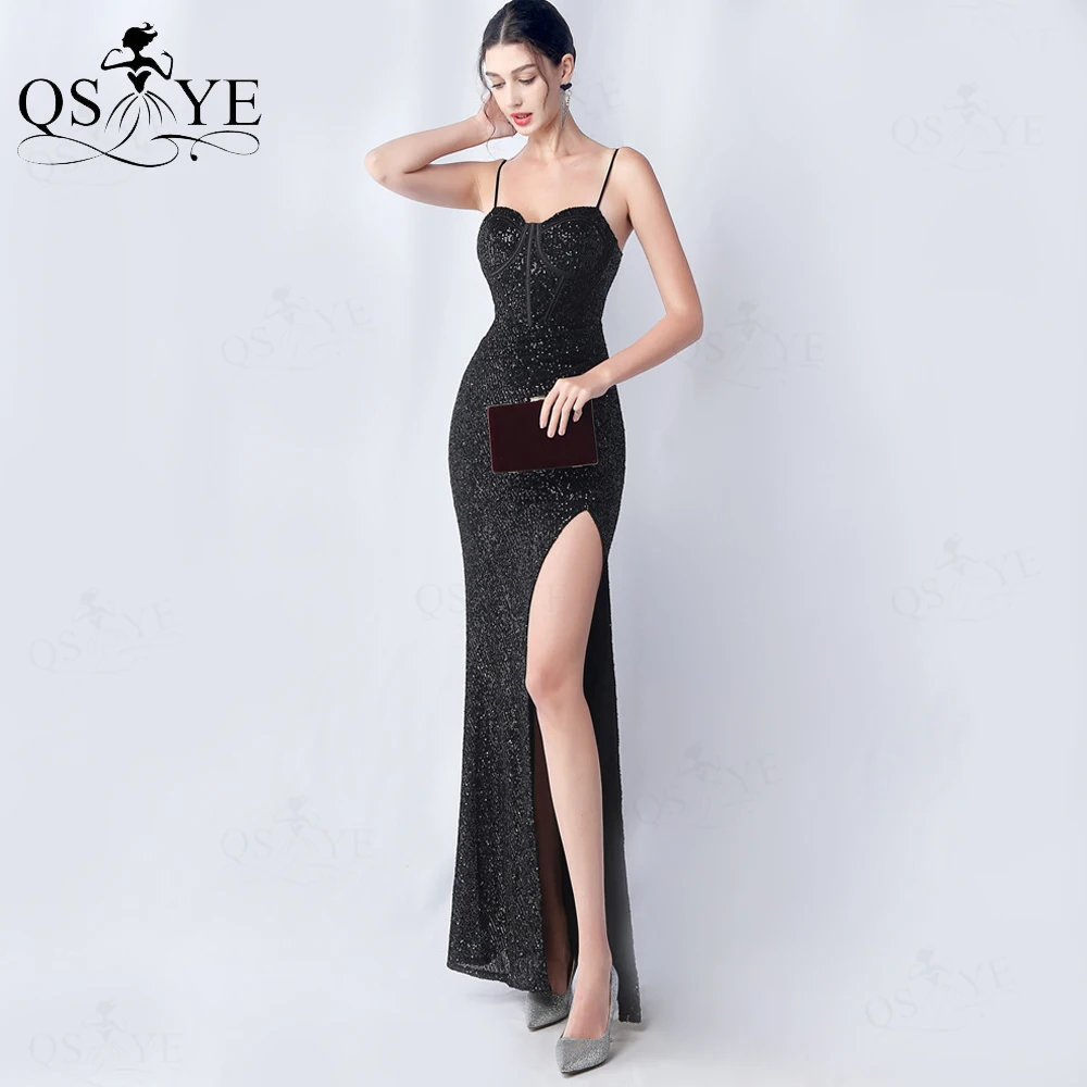 

Sequined Black Evening Dresses Boned Corset Sweetheart neck Prom Gown Spaghetti Straps Sexy Split Open Lace up Back Party Gown