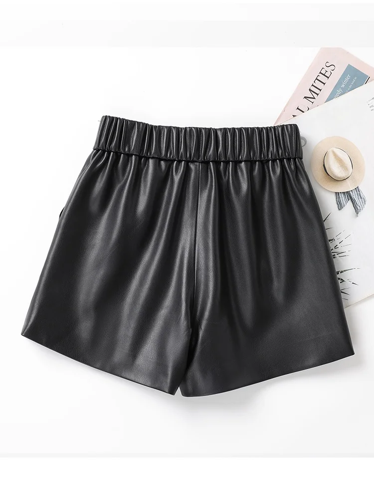 High Waist A-Line Real Leather Shorts Women's Elastic Waist Sheepskin Casual Pants Korean Style Pure Color Autumn Winter New ...