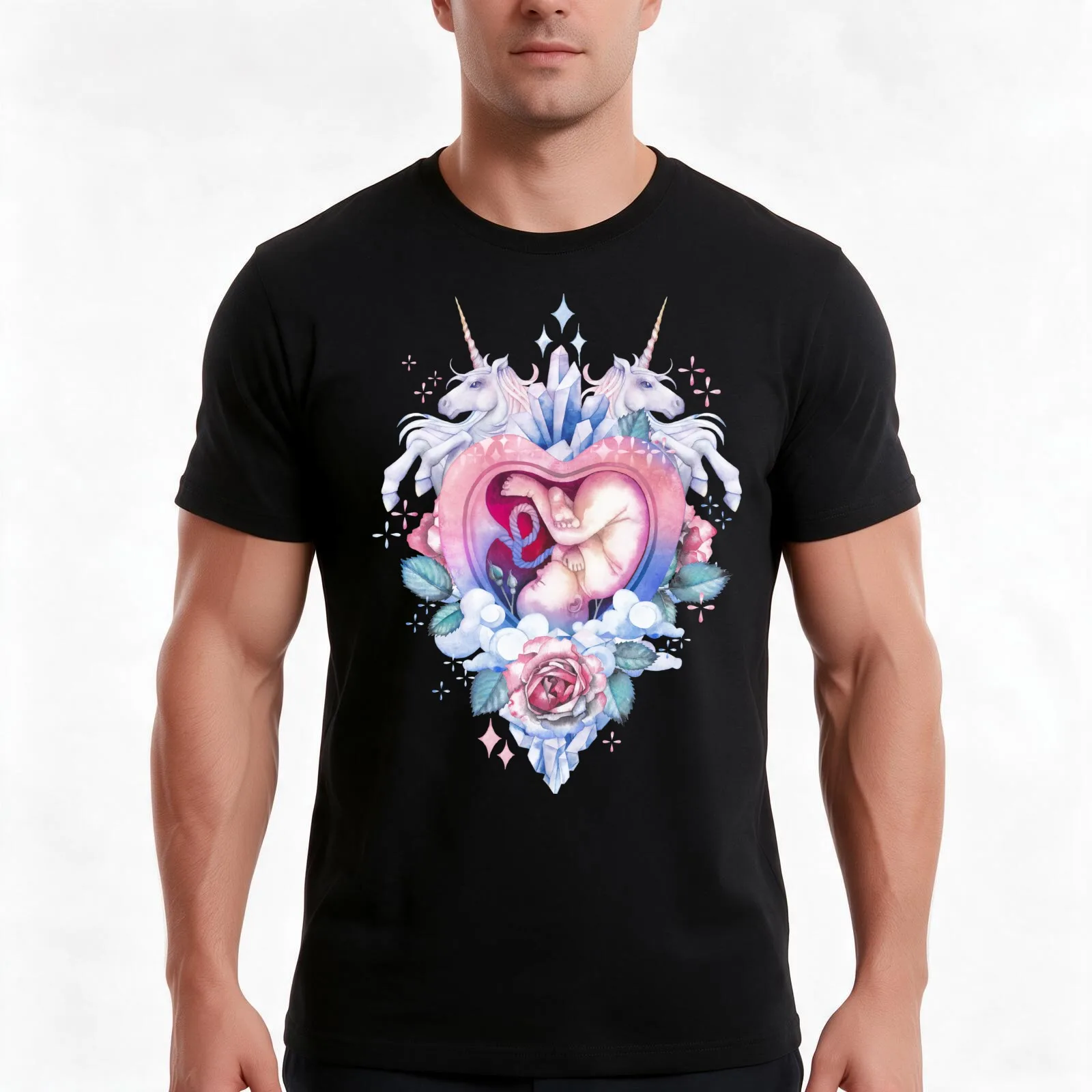 Watercolor embryo inside the womb with fantasy decorations T-Shirt, Summer Casual Cotton Tee, Oversized Streetwear Tops