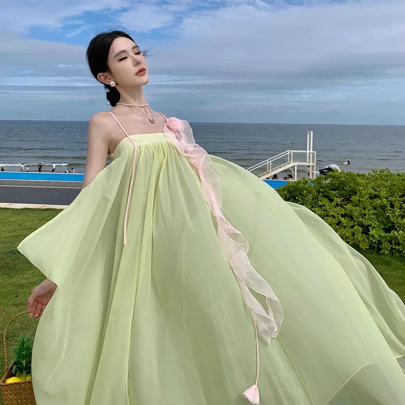 Beach Vacation Dress For Women Pink And Green Floral Strapless Long Dress By Absolute Beauty Heaven Sense Summer Dress