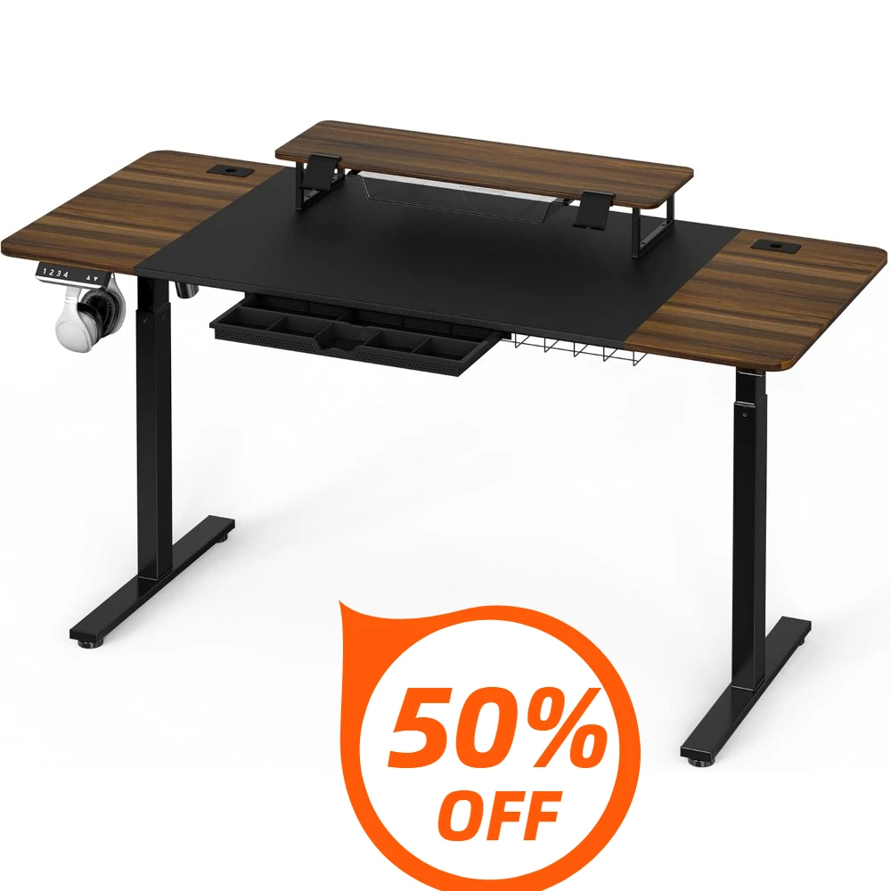 SHW 62-Inch Extra Large Electric Height Adjustable Standing Desk with Monitor Riser and Drawer, Walnut