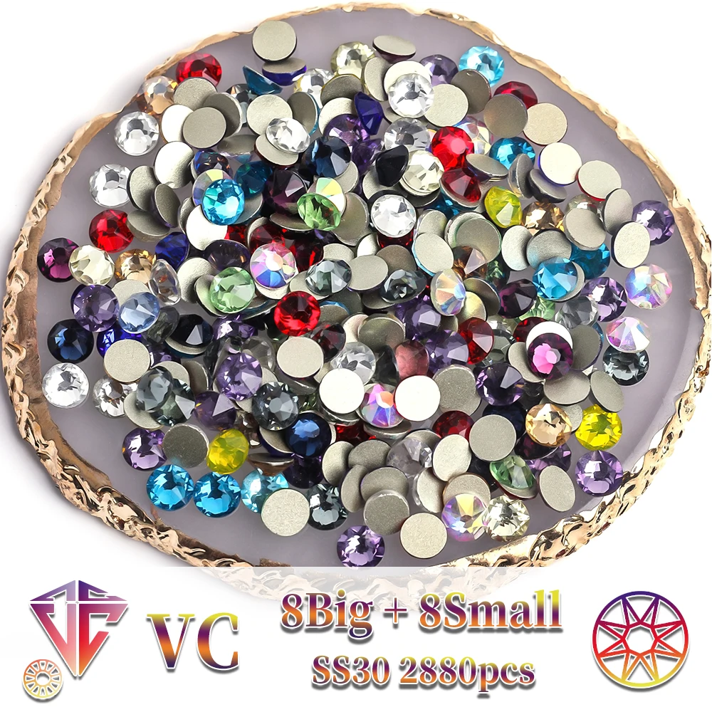 

VC 8Big + 8Small 2880 шт. оптовая сумка красочные высококачественные украшения для дизайна ногтей со стразами блестящие стразы с бриллиантами без горячей фиксации