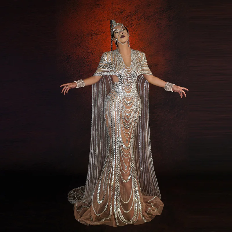 Sequins Trailing Queen Sleeveless Long Dress - Sexy Shiny Diamond Long Sleeve Elegant Dress For Wedding Body Transparente Flecos