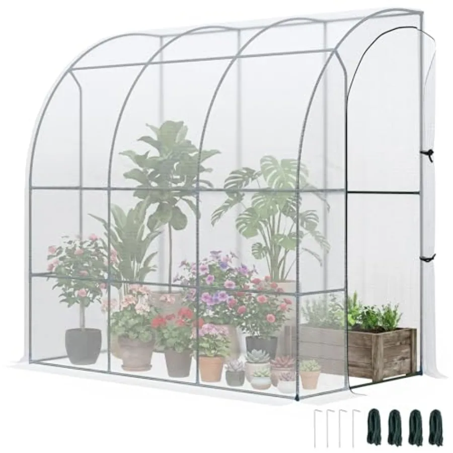 

Outdoor lean-to greenhouse for plant nursery use, PE cover, white color, featuring walk-in design and roll-up window for ventil