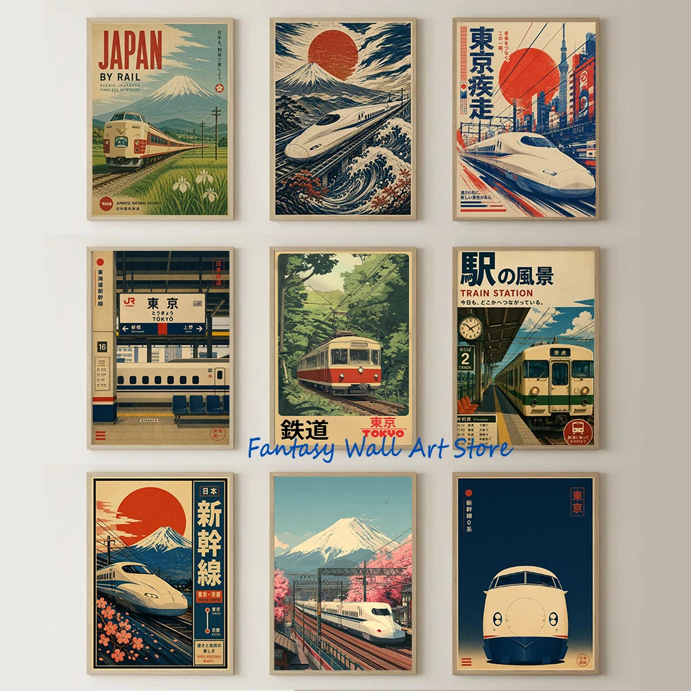 Vintage Asiatisches Japanisches Eisenbahn-Leinwandposter Japanische Landschaft Wandkunst Poster Wandbilder für Wohnzimmer Schlafzimmer Badezimmer