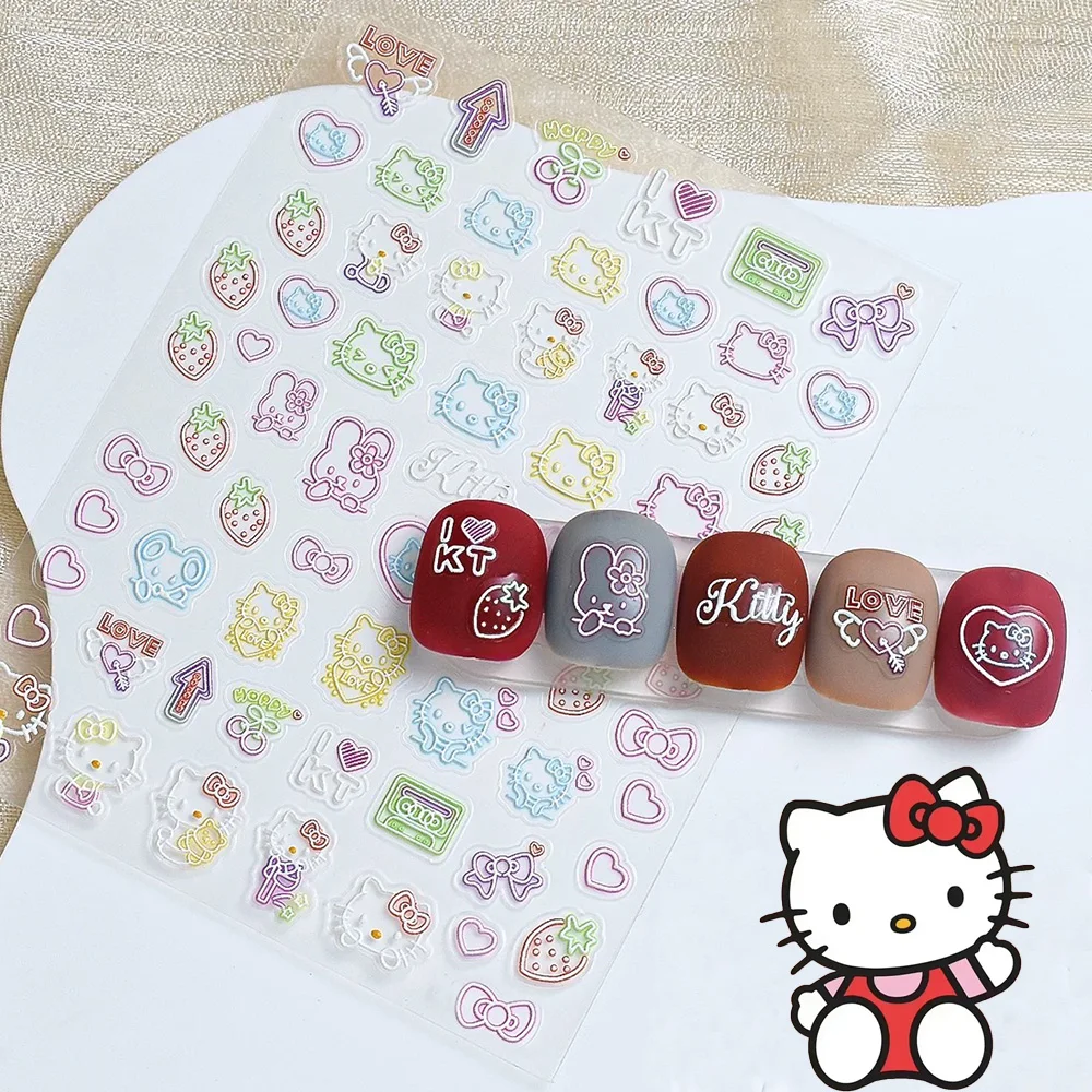 

1Pcs Hello Kitty 5D Relief Nail Art Stickers Kawaii Hollow Cherry/Strawberry/Heart/Bunny/KT Cat fashion Design Nail Art Decals#&