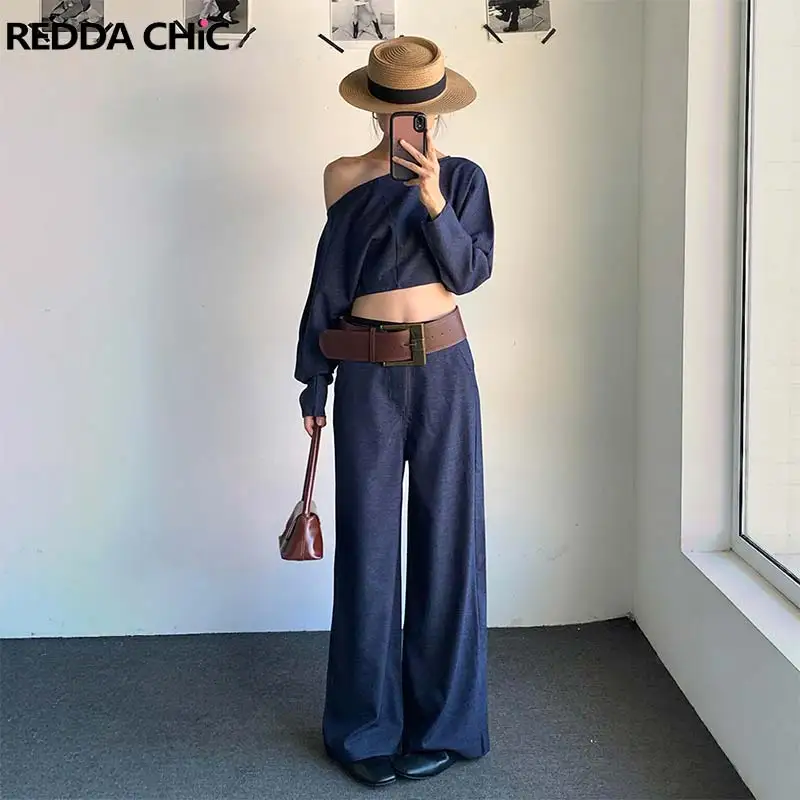 ReddaChic Elegant Long Sleeve Top Pants Women Matching Set Modern One-shoulder Crop Top High Rise Pants Office Autumn Clothes