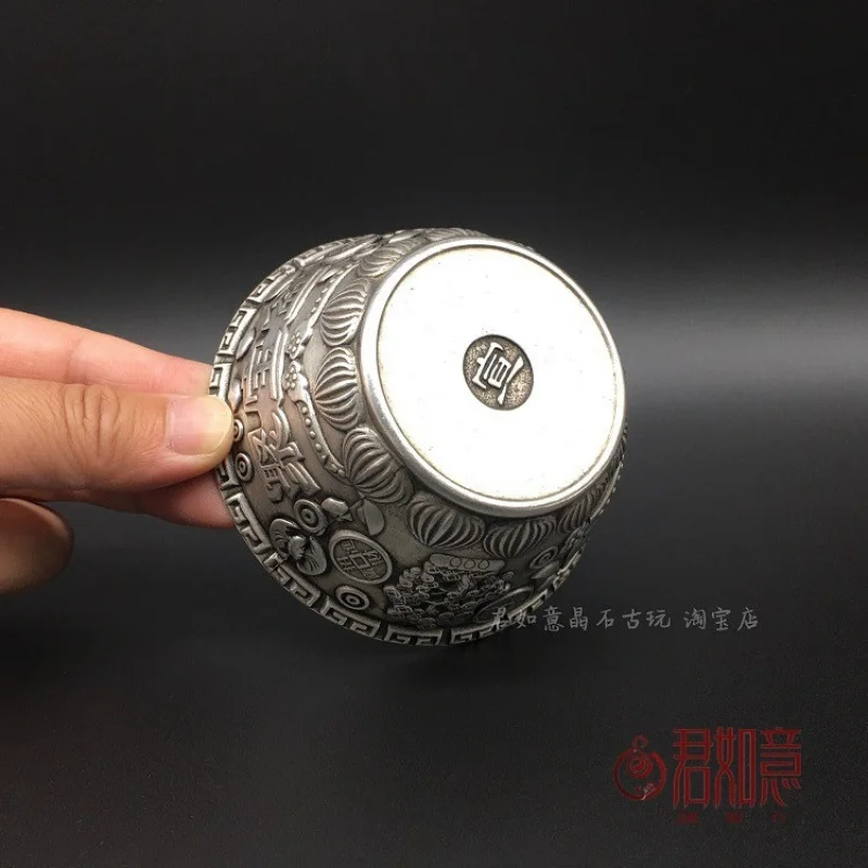 

Copper Ware Bronze Gilt Silver Antique Treasure Bowl Ornament with Xuan Character Inscription, Bat, Longevity Peach, Copper Coin